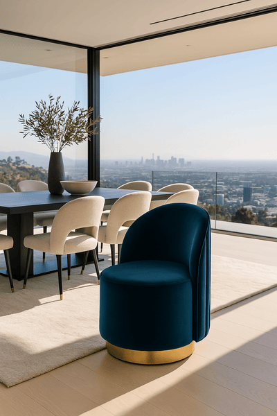 Beach Comber Dining Chair in Channel Tufting Back and Brushed Brass Swivel Base - Tom Collins Home