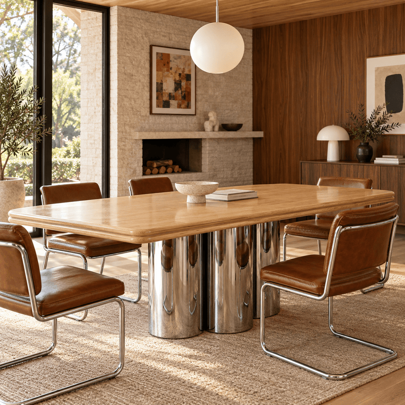 Chrome & Solid Ash Dining Table - styled dining room scene