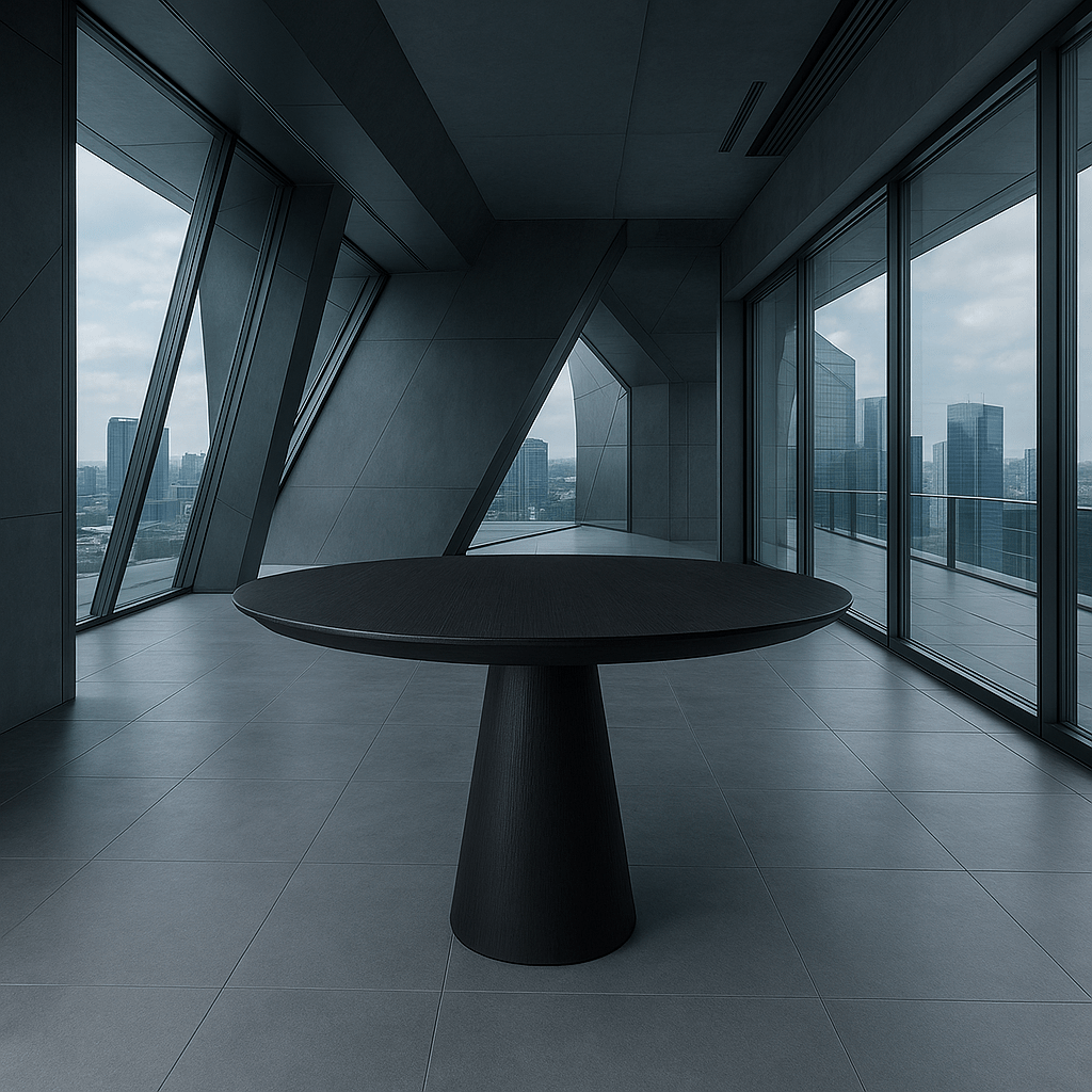High Five Round Dining Table in Black Oak Veneer - Tom Collins Home