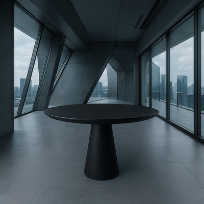 High Five Round Dining Table in Black Oak Veneer - Tom Collins Home
