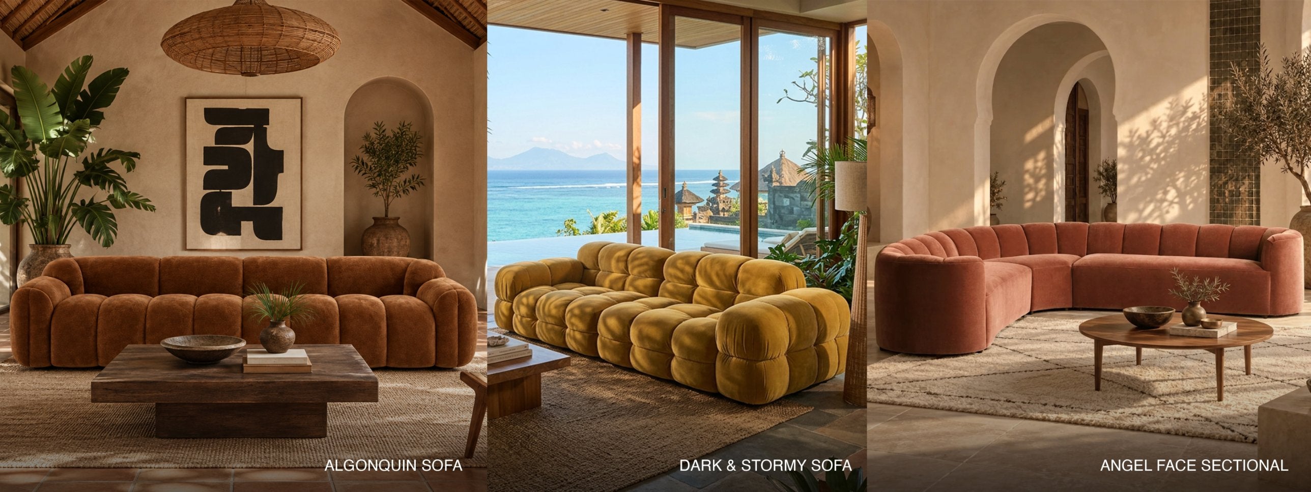 Algonquin Sofa, Dark & Stormy Sofa and Angel Face Sectional in styled living spaces