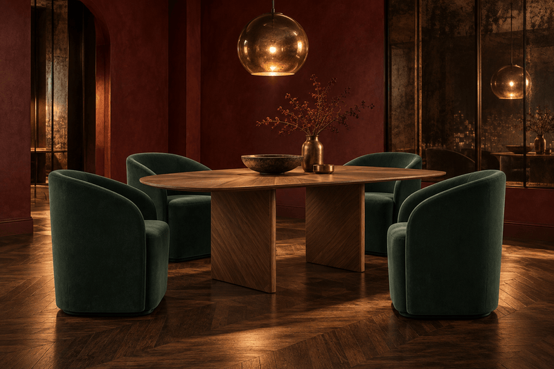 Ward Eight Dining Chair in Velvet shown with the Twentieth Century Dining Table in a dining room setting