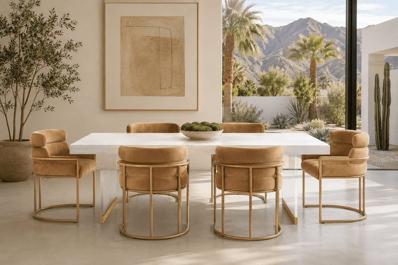 Whiskey Highball Dining Chair in Velvet with The Anderson Dining Table with Lucite Legs - Palm Springs, California lifestyle scene